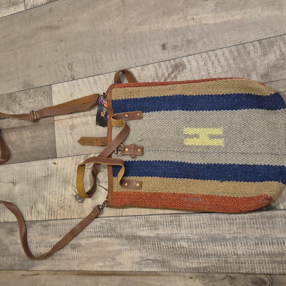 Raj x Anthropologie Shoulder Bag Crossbody Embroidered Striped Leather Straps